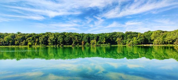 Scenic view of lake by trees against sky