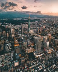Aerial view of cityscape at sunset