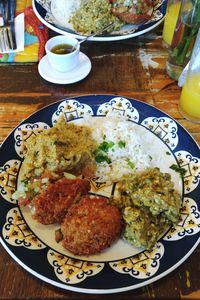 High angle view of food served on table