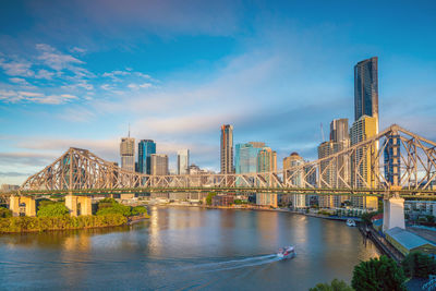 Bridge over river with buildings in background