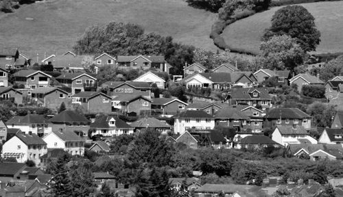 High angle view of buildings in town