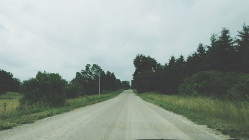 Trees growing by empty road against sky