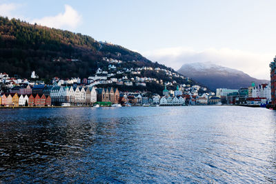 Town by sea against sky