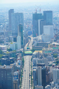 High angle view of modern buildings in city