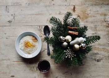 Directly above shot of christmas decorations on table