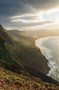 Scenic view of sea and mountains against sky