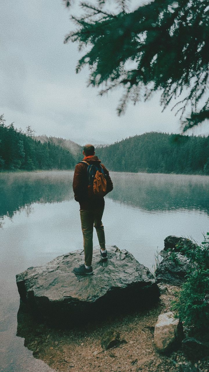 REAR VIEW OF MAN STANDING BY LAKE