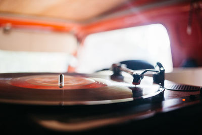 Close-up of record in car