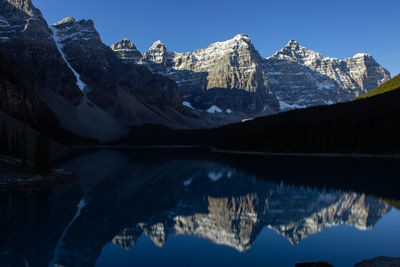 Valley of ten peaks near moraine lake on a sunny autumn day with snow on the mountain. 