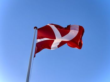 Low angle view of flag against clear blue sky