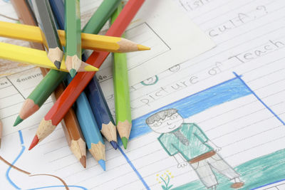 High angle view of colored pencils on table