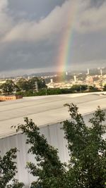 Rainbow over cityscape against sky