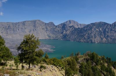 Scenic view of lake and mountains against blue sky