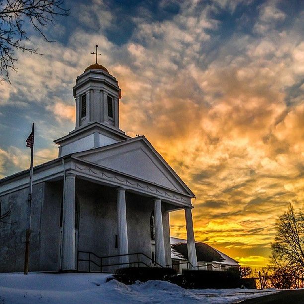 architecture, building exterior, built structure, sky, snow, cloud - sky, winter, cold temperature, sunset, weather, season, house, cloudy, cloud, covering, orange color, nature, beauty in nature, scenics, outdoors