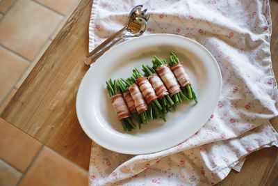 High angle view of food in plate on table