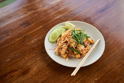 High angle view of food in plate on table