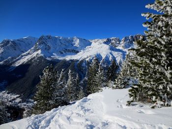 Snow covered landscape against blue sky