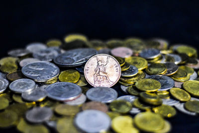 Close-up of coins on table