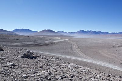 Scenic view of desert against clear blue sky