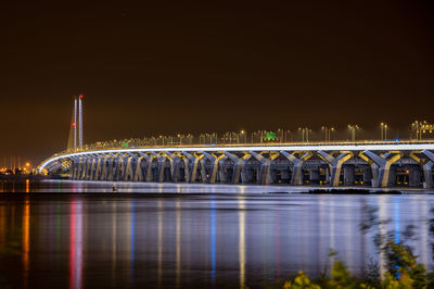 Illuminated bridge over river at night