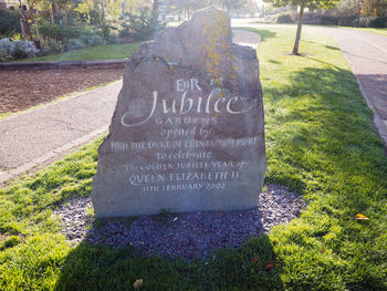 High angle view of text on grass in park