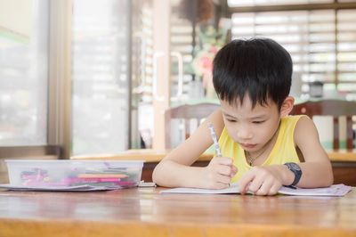 Portrait of boy looking at table