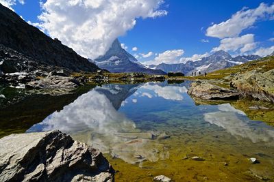 Scenic view of lake and mountains against sky