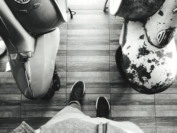 High angle view of shoes on wooden floor