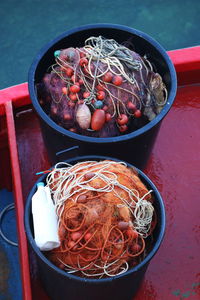 High angle view of fruits in bowl on table