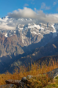 Aerial view of snowcapped mountains against sky