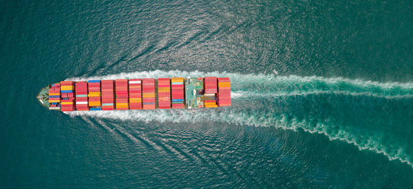 High angle view of ship on sea shore