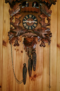 Low angle view of decoration hanging on wood