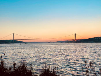 View of suspension bridge at sunset