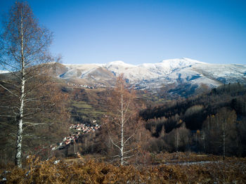 Scenic view of snowcapped mountains against clear sky