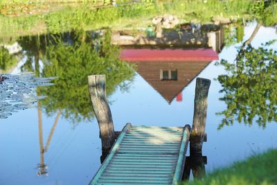 Reflection of jetty in lake