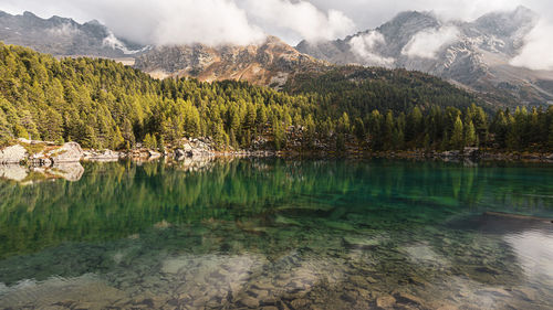 Scenic view of lake and mountains against sky