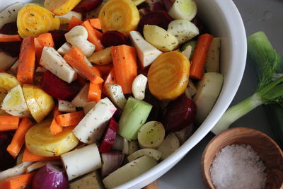 High angle view of chopped vegetables in bowl