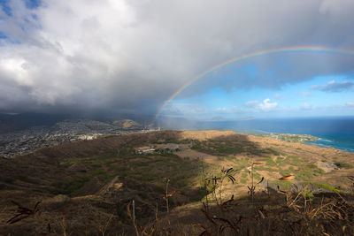 Scenic view of rainbow over landscape against sky