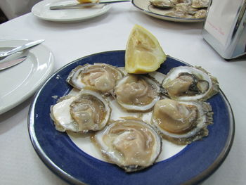 High angle view of breakfast served on table