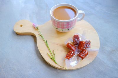 High angle view of breakfast on table