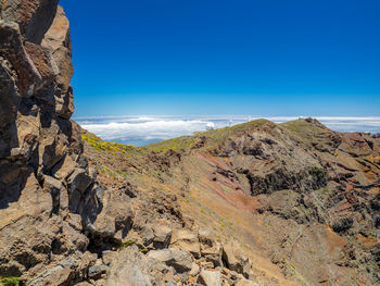 Scenic view of rocky mountains and sea against blue sky