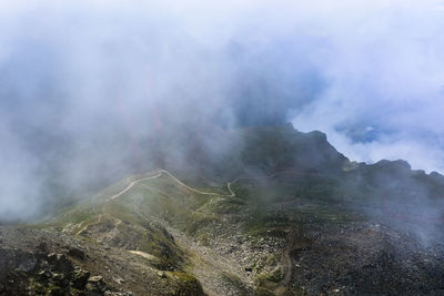 Smoke emitting from volcanic mountain against sky