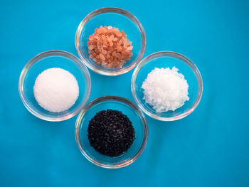 High angle view of food against blue background