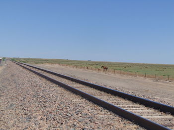 Railroad track on field against clear blue sky