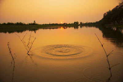 Scenic view of lake against orange sky