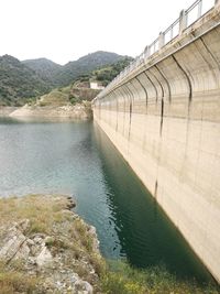 Scenic view of river by dam against sky