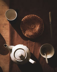 High angle view of coffee cup on table