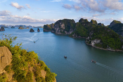 High angle view of bay against sky