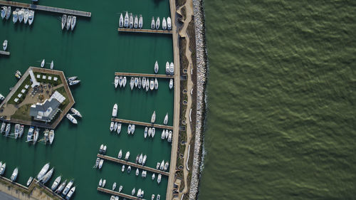 Aerial scenic view of marina and riverside 