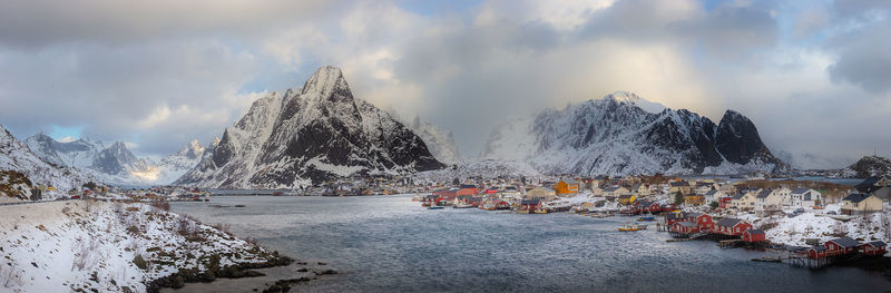 Scenic view of snow covered mountains against sky